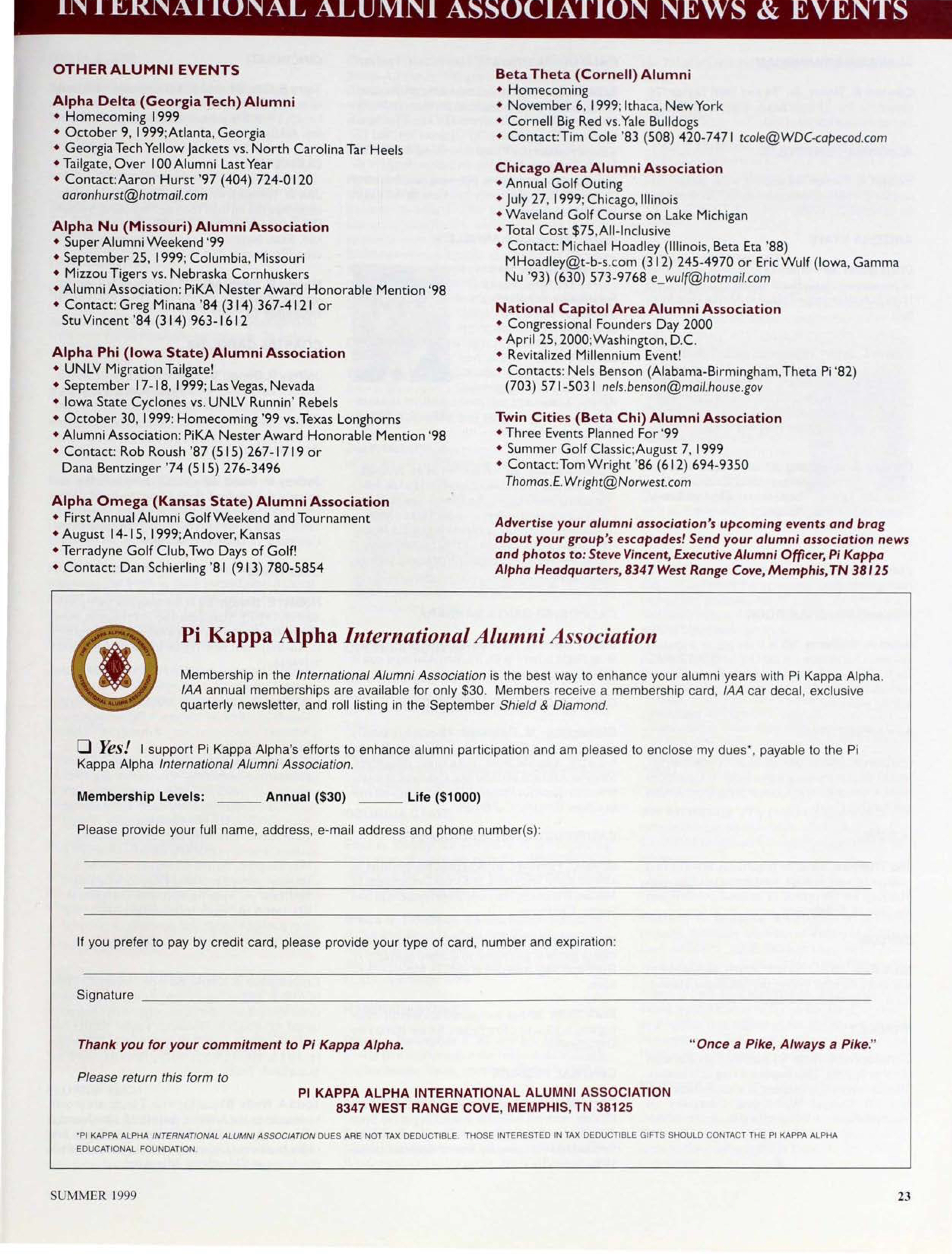 Pi Kappa Alpha International Alumni Association Form, Summer 1999